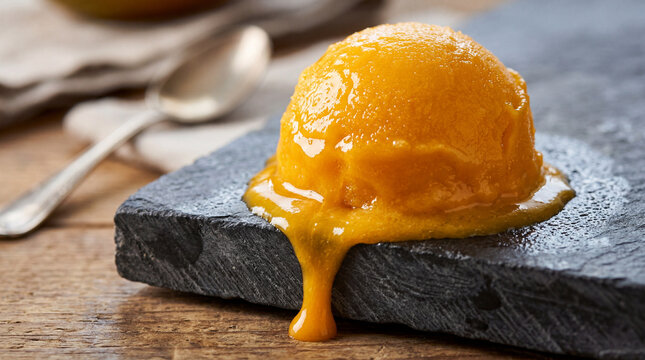 Velvety mango sorbet losing shape on chilled slate visualized in summer dessert photography concept