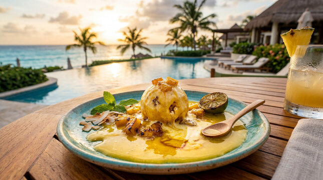 Caramelized Pineapple Ice Cream Melting Into Golden Yellow Plate Stunning Tropical Dessert Photography Concept