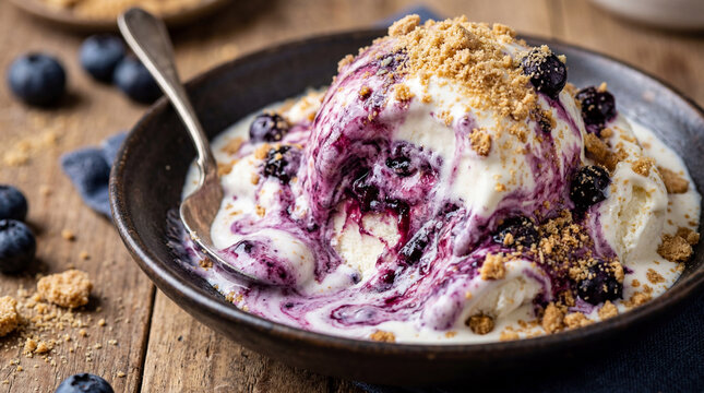 Blueberry Cheesecake Ice Cream with Graham Cracker Crumbs Indulgent Dessert Photography Perfect for Marketing Content