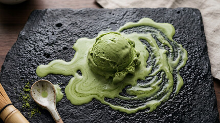 Obraz premium Artisanal matcha green tea ice cream softening on dark bowl premium dessert photography with rich textures