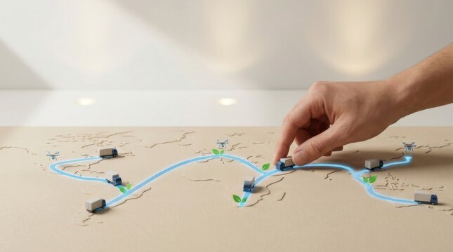 Person holding pencil and drawing detailed map for low emission logistics flow concept and urban planning strategy
