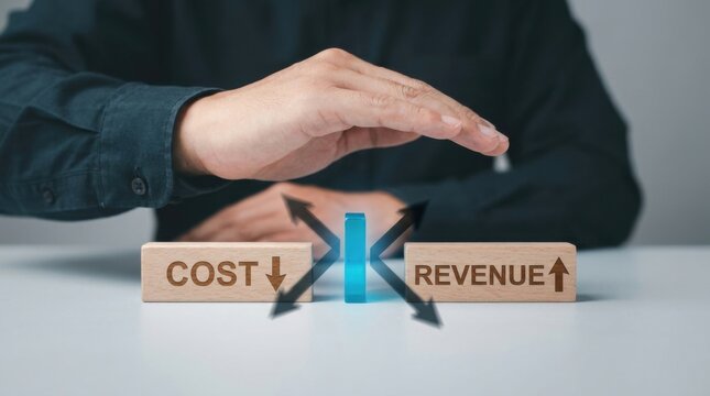 Individual holding a block with the words cost revenue, representing financial awareness and business acumen in decision-making
