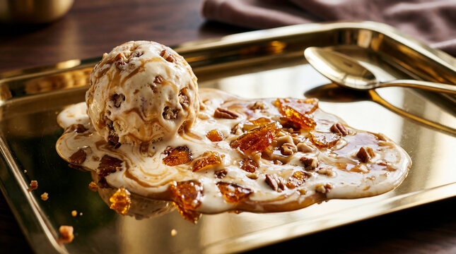 Toffee crunch ice cream on reflective gold tray melting beautifully for indulgent dessert photography inspiration