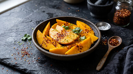 Naklejka premium Sliced Mango with Red Chili Flakes on Dark Stone Background Creative Spicy Fruit Dessert Styling Photography