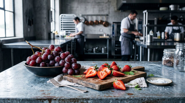 Red globe grapes and halved strawberries on zinc tabletop colorful fresh fruit photography composition
