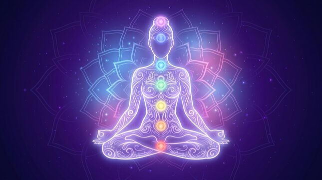 Glowing energy chakras of a meditating person with intricate mandala pattern yoga day background meditation