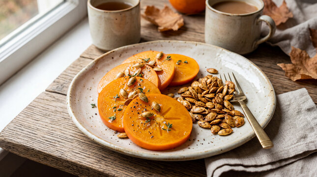 Sliced persimmons and roasted pumpkin seeds on cream-colored plate autumn-inspired gourmet fruit photography composition