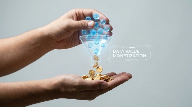 Hand holding a glass hourglass containing a coin symbolizing data monetization and time management in finance