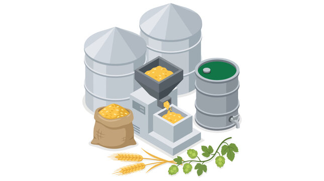 A vibrant agricultural illustration features large metal silos, a mechanical grinder crushing golden grain next to an open burlap sack, a sealed brewing barrel, and fresh green hops beside ripe wheat