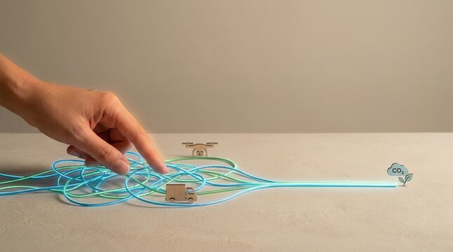 Person's hand pulling string of light symbolizing innovative low emission logistics flow concept for future solutions