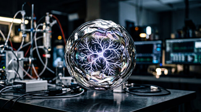 Floating orb of liquid metal rippling as if alive futuristic artistic photography with reflective surfaces