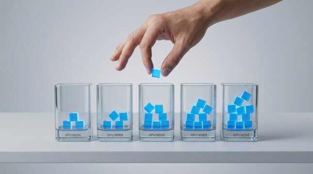 Hand placing a blue block of ice into a row of glass cubes representing gpu allocation balance metaphor