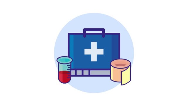 Medical first aid kit with blood analysis test tube and bandage showing healthcare and emergency care motion graphic.