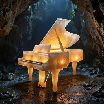 A majestic grand piano made of clear crystal or ice, standing in a grand cavern with waterfalls and glowing lights. Ethereal reflections. AI Generated.