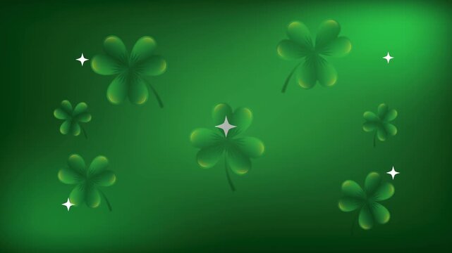 Saint patricks day green background with floating clover leaves and sparkling stars motion graphic.