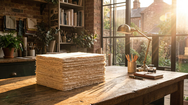Longest day sun flare illuminating stack of heavy-stock papers captured in dramatic lighting photography concept