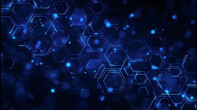 A futuristic abstract background features a network of glowing blue hexagons interconnected by lines, creating a dynamic and technological visual.