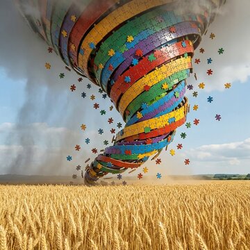 A powerful tornado funnel cloud composed of millions of colorful puzzle pieces tearing through a rural landscape. Concept of chaos and solutions. AI Generated