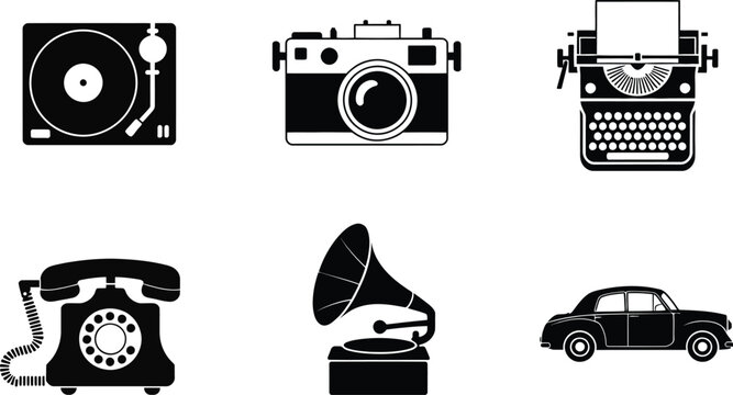 Set of vintage objects icons: turntable, camera, typewriter, telephone, gramophone, car.