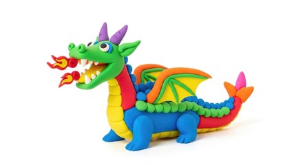Fototapeta premium Colorful Clay Dragon Breathing Fire on White Background