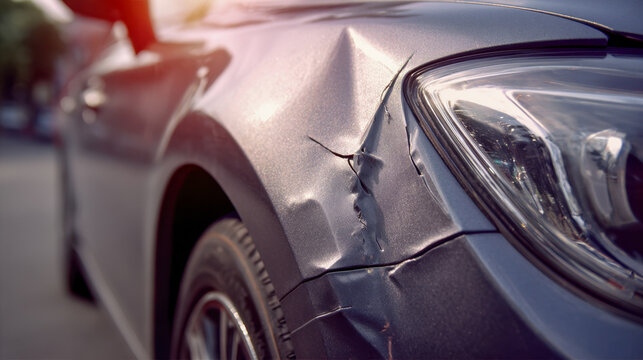 Damaged silver car front fender with visible dents and scratches after a minor accident reflecting sunlight on a blurred urban background street scene