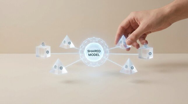 Hand of a person touching a model sphere representing collaboration in federated learning and data sharing