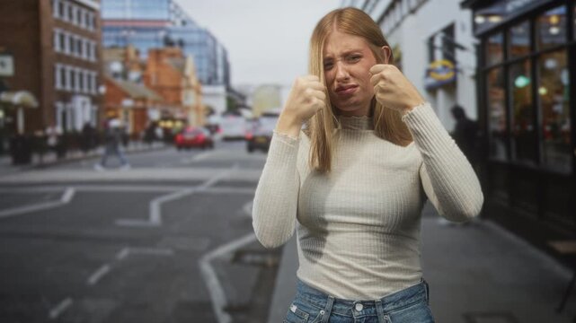 Woman with clenched fists by her face showing tearful squint and upset expression on a busy city street near storefronts and traffic; frustration resilience.