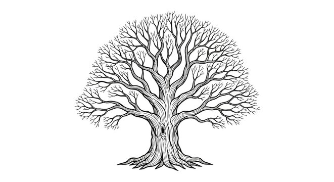 Detailed black and white drawing of an old bare oak tree.