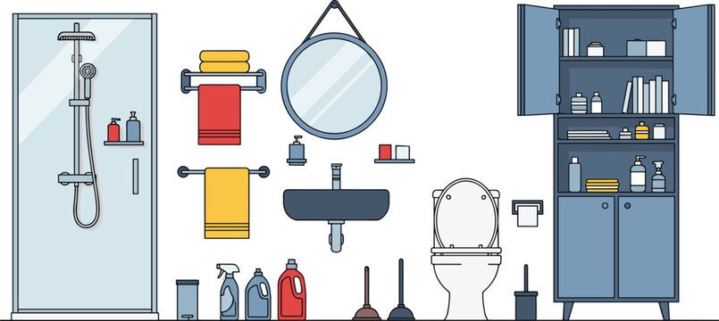 Bathroom Equipment Vectors Featuring Shower, Sink, Toilet, Towel, and Cleaning Supplies for Home Interior Design