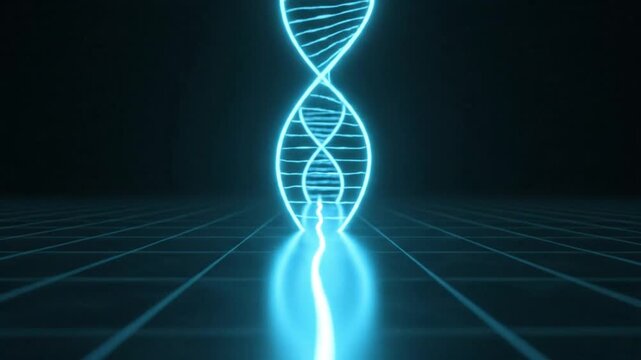 Abstract glowing blue DNA double helix structure emerging from a grid pattern on a dark background