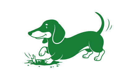 Green cartoon dachshund dog sniffing grass patch illustration
