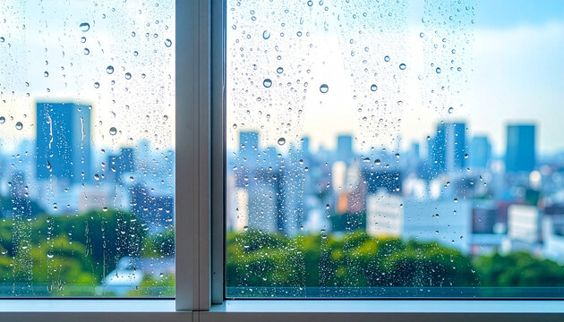 雨粒のついた窓ガラス越しに見える都市の風景