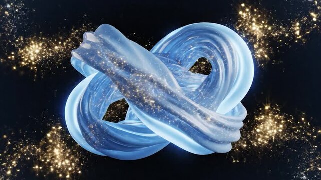 Abstract flowing liquid forms with sparkling particles on a dark background