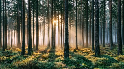 Fototapeta premium Forest sunlight rays through trees environmental conservation and sustainable nature concept