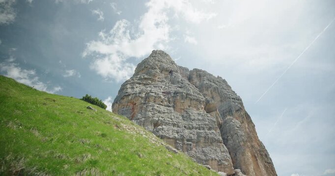 Low-angle of Cinque Torri rock formation, Dolomites, Italy