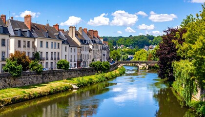 Obraz premium A scenic waterway flows gently past historic buildings with charming architecture, under a stone bridge, on a bright sunny day