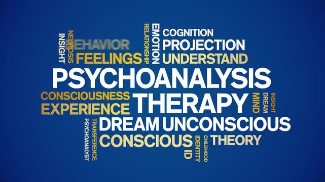 Psychoanalysis Therapy animated word cloud-text design animation tag kinetic typography seamless loop.