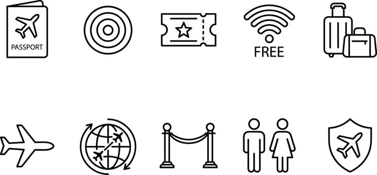 Travel and Airport Icons Set with Passport, Flight, Tickets, and Security for Transportation and Travel Illustration in Line Art Style.