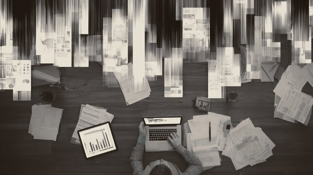 Person surrounded by scattered documents and papers on desk.