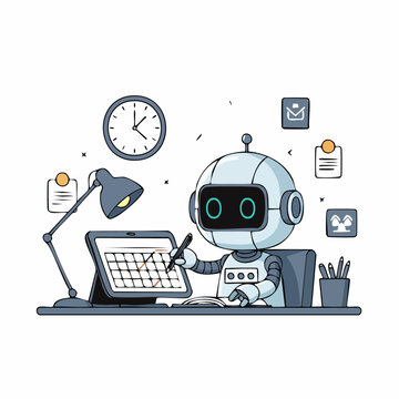 Cute chibi robot managing schedule and tasks at desk, vector illustration for productivity and time management concept.