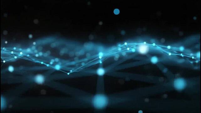 A futuristic abstract image showcases a glowing network of interconnected nodes and lines against a dark background, suggesting data flow and technological advancement.