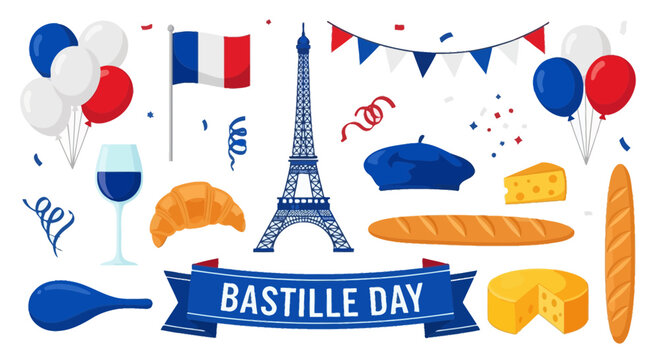 Bastille Day Celebration: Eiffel Tower, French Flag, Balloons, Food, Beret