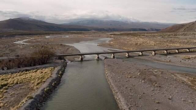 Bridge Spanning R&iacute;o Grande in Bardas Blancas, Mendoza Province, Captured from Above