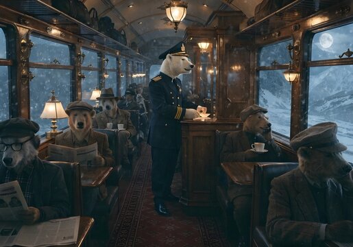polar bear train conductor serving passengers in vintage train car at night