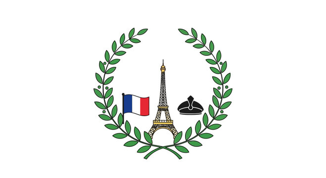 Eiffel Tower Emblem with French Flag and Crown on White Background