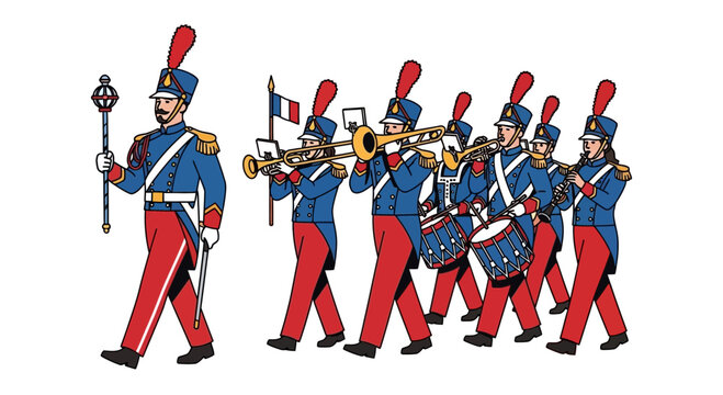 French Military Band Marching with Flag and Instruments - Illustration