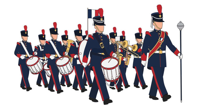 French Military Band Marching with Drums and Brass Instruments