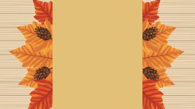 Autumn harvest frame animation with falling dry leaves and pine cones on wood background.
