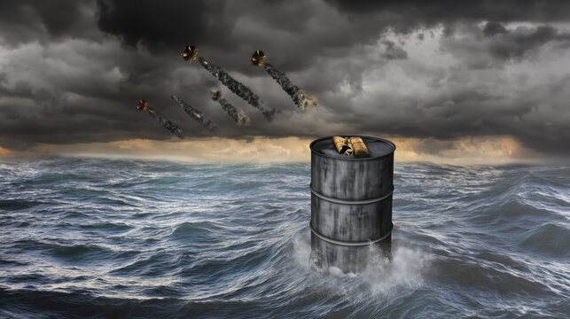 "Oil barrel in stormy war-torn ocean with missiles and fiery explosions"