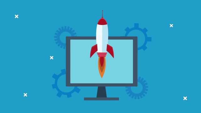Rocket launcher taking off from computer screen for business startup animation in flat design style.